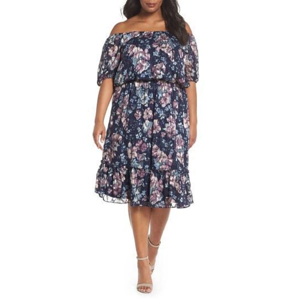 Adrianna Papell Womens Floral Burnout Off The Shoulder Dress Plus Size 24W 12778
